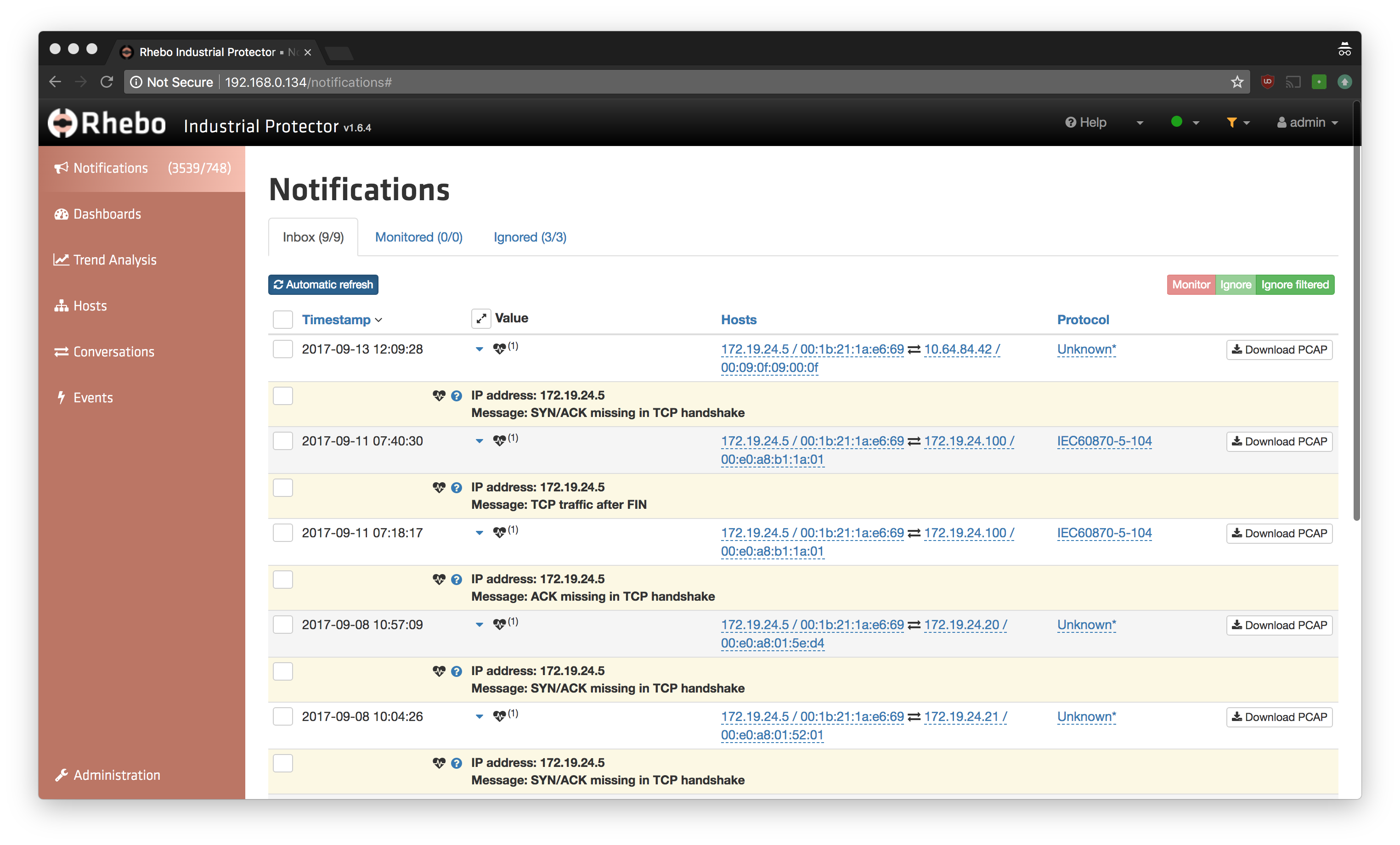 Example of anomaly notification caused by technical communication faults in the ICS (Rhebo)